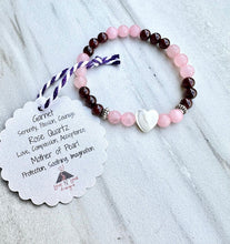 Rose Quartz, Garnet & Mother of Pearl Heart Skinny Stacker Gemstone Bracelet (6mm beads)