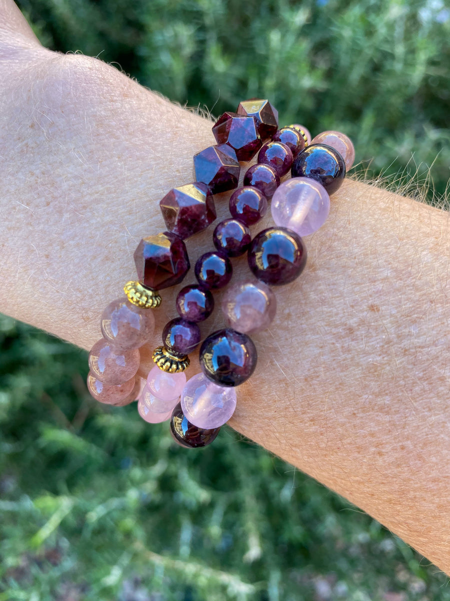 Garnet, Rose Quartz and Strawberry Quartz Bracelet (8mm beads