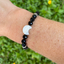 Black Onyx & Mother of Pearl Moon Skinny Stacker Gemstone Bracelet, Protection and Grounding Bracelet(6mm beads)