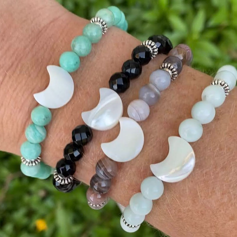 Green Moonstone & Mother of Pearl Moon Skinny Stacker Gemstone Bracelet,  Prosperity and Attraction Bracelet(6mm beads)