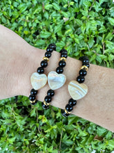 Black Onyx & Mother of Pearl Heart Skinny Stacker Gemstone Bracelet, Protection and Grounding Bracelet(6mm beads)