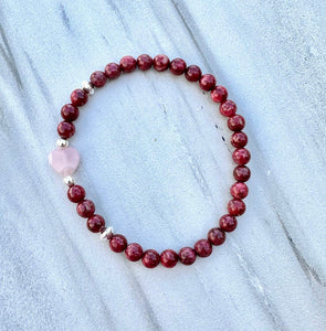 Thulite & Rose Quartz Heart Skinny Stacker Bracelet