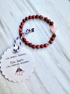 Thulite & Rose Quartz Heart Skinny Stacker Bracelet