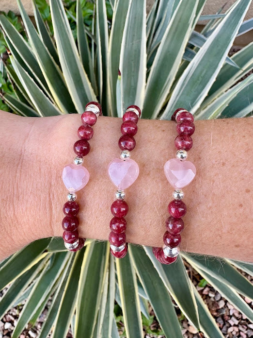 Thulite & Rose Quartz Heart Skinny Stacker Bracelet