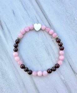 Rose Quartz, Garnet & Mother of Pearl Heart Skinny Stacker Gemstone Bracelet (6mm beads)