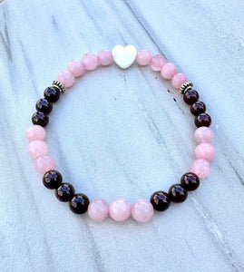 Rose Quartz, Garnet & Mother of Pearl Heart Skinny Stacker Gemstone Bracelet (6mm beads)