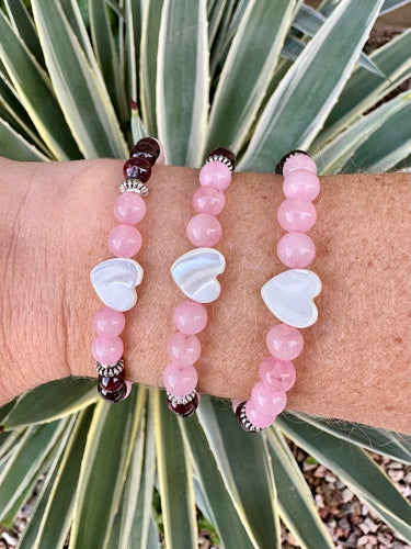 Rose Quartz, Garnet & Mother of Pearl Heart Skinny Stacker Gemstone Bracelet (6mm beads)