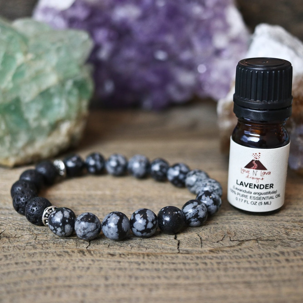 aromatherapy bracelet, snowflake obsidian, lava rock bracelet, men's bracelet