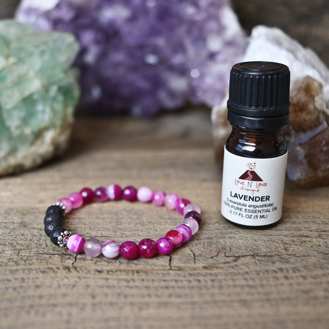 aromatherapy bracelet, pink stripe agate, lava rock bracelet, children's bracelet