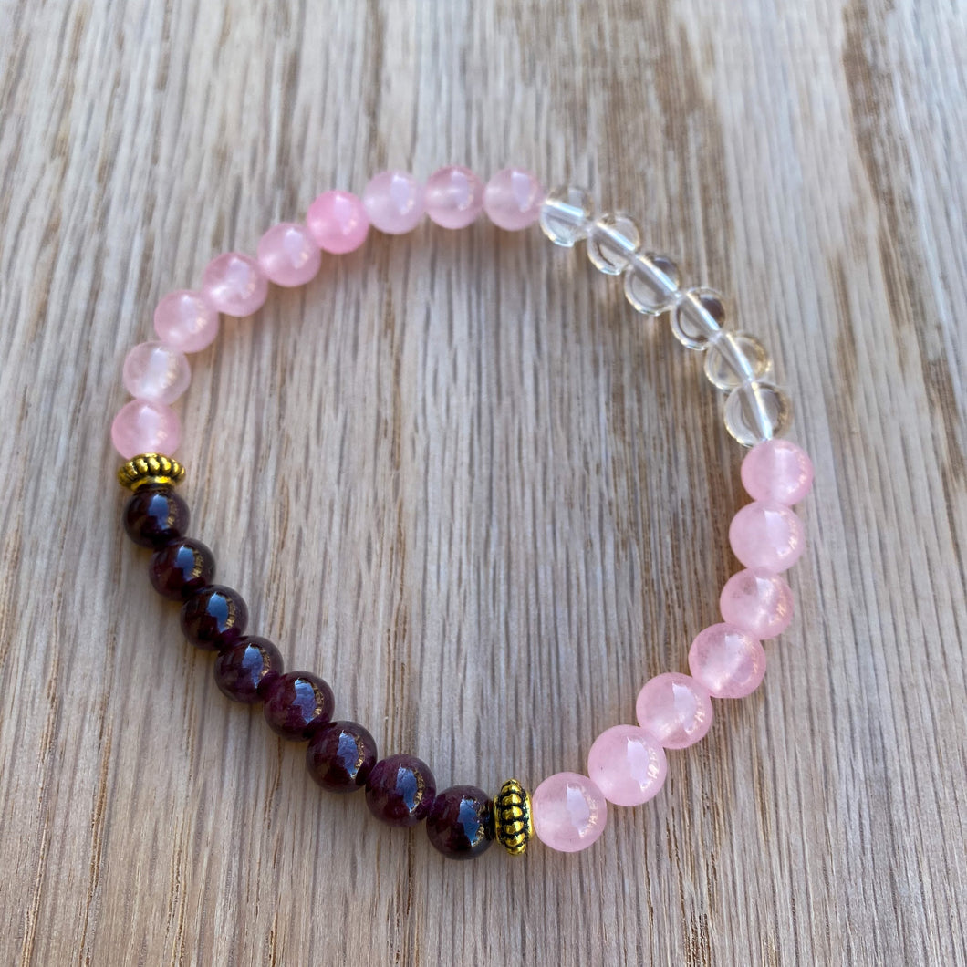 Garnet, Rose Quartz and Clear Quartz Skinny Stacker Bracelet (6mm beads)