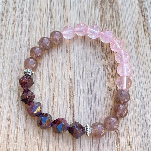 Garnet, Rose Quartz and Strawberry Quartz Bracelet (8mm beads)