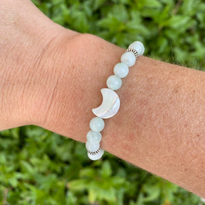 Green Moonstone & Mother of Pearl Moon Skinny Stacker Gemstone Bracelet, Prosperity and Attraction Bracelet(6mm beads)