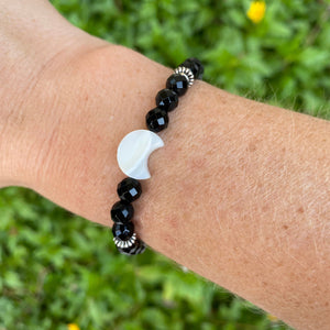 Black Onyx & Mother of Pearl Moon Skinny Stacker Gemstone Bracelet, Protection and Grounding Bracelet(6mm beads)