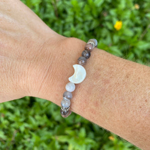 Botswana Agate & Mother of Pearl Moon Skinny Stacker Gemstone Bracelet, Balance and Creativity Bracelet (6mm beads)