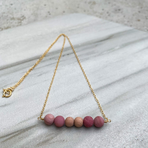 Rhodonite (Matte) and Rosewood Aromatherapy Essential Oil Diffuser Necklace