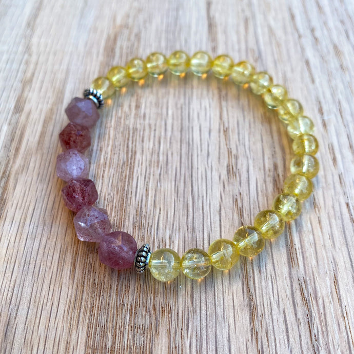 Citrine and Diamond Cut Strawberry Quartz Skinny Stacker Bracelet (6mm beads)