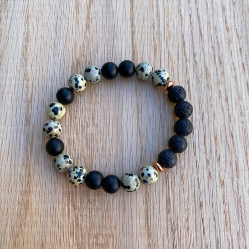 Dalmatian Jasper & Black Onyx Aromatherapy Essential Oil Diffuser Bracelet (8mm beads)
