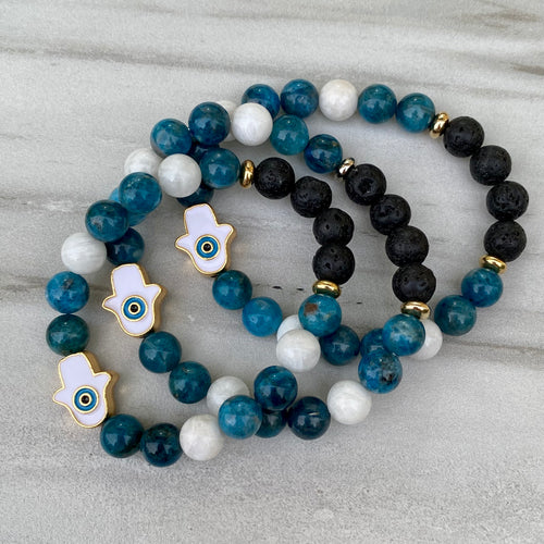 Evil Eye Hamsa Apatite & Moonstone Aromatherapy Essential Oil Diffuser Bracelet (8mm beads)