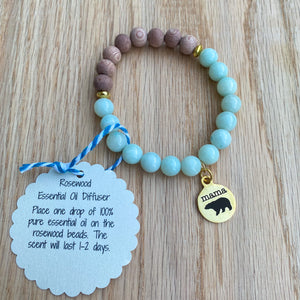 Mama Bear Gold Charm Amazonite & Rosewood Aromatherapy Essential Oil Diffuser Bracelet (8mm beads)