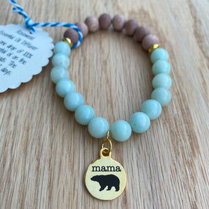 Mama Bear Gold Charm Amazonite & Rosewood Aromatherapy Essential Oil Diffuser Bracelet (8mm beads)
