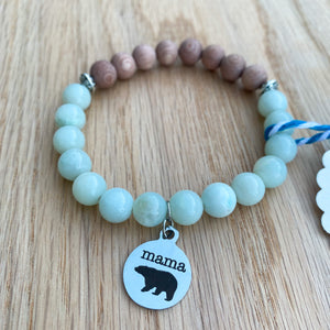 Mama Bear Silver Charm Amazonite & Rosewood Aromatherapy Essential Oil Diffuser Bracelet (8mm beads)